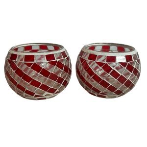 Mosaic Glass Candle Holder Red Christmas Tea Light Votive Round Vintage Decor